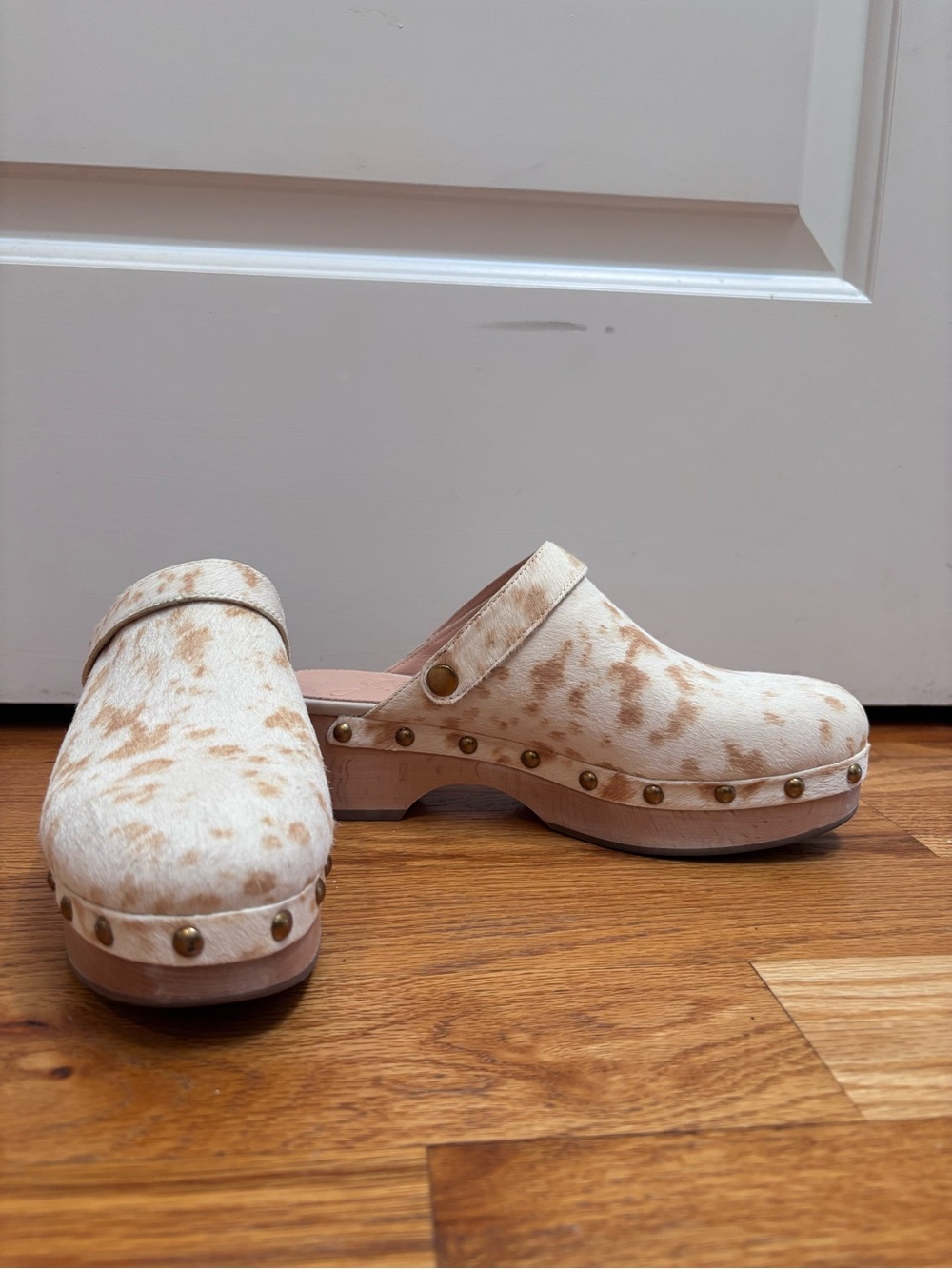 J. Crew Cream and Tan Speckled Haircalf Clogs with Studs